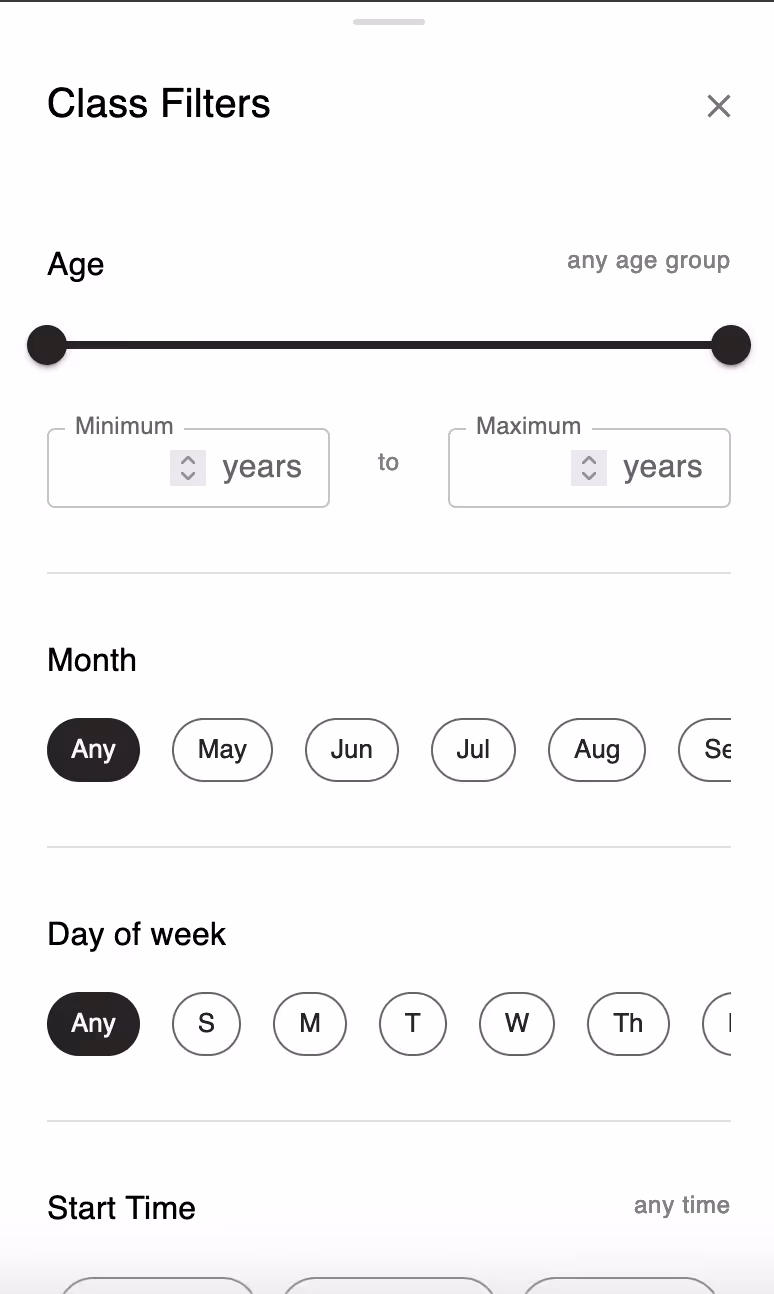 Class Filters panel for filtering by age, month, day of week, and start time