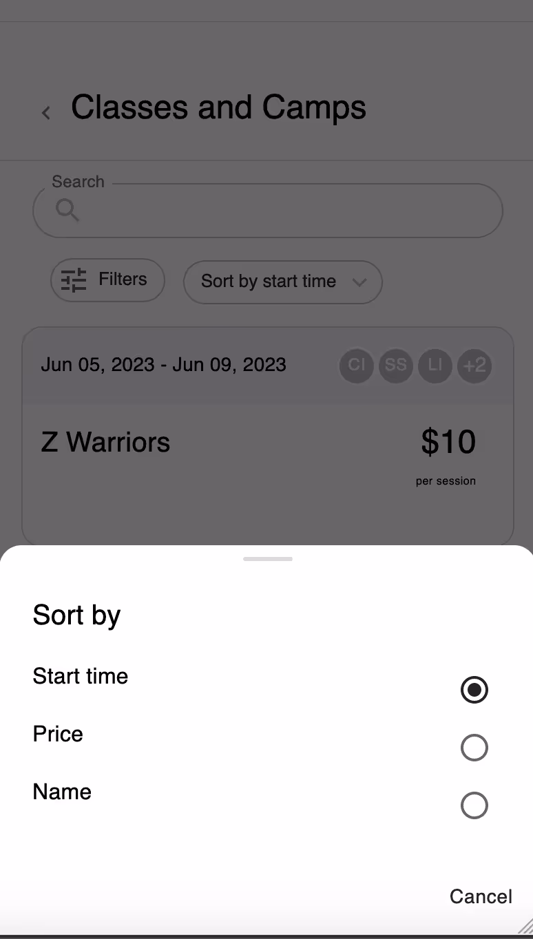 Sort by menu on the Classes and Camps page with start time, price, and name