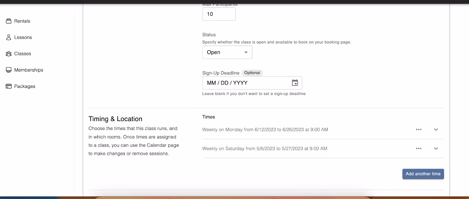 Class settings with multiple weekly times added under Timing and Location