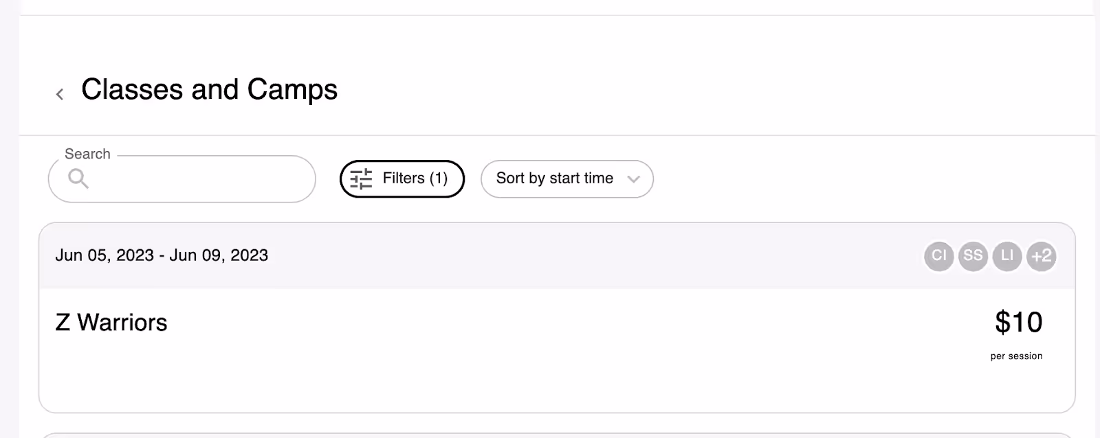Classes and Camps booking page with search, filters, and sort options
