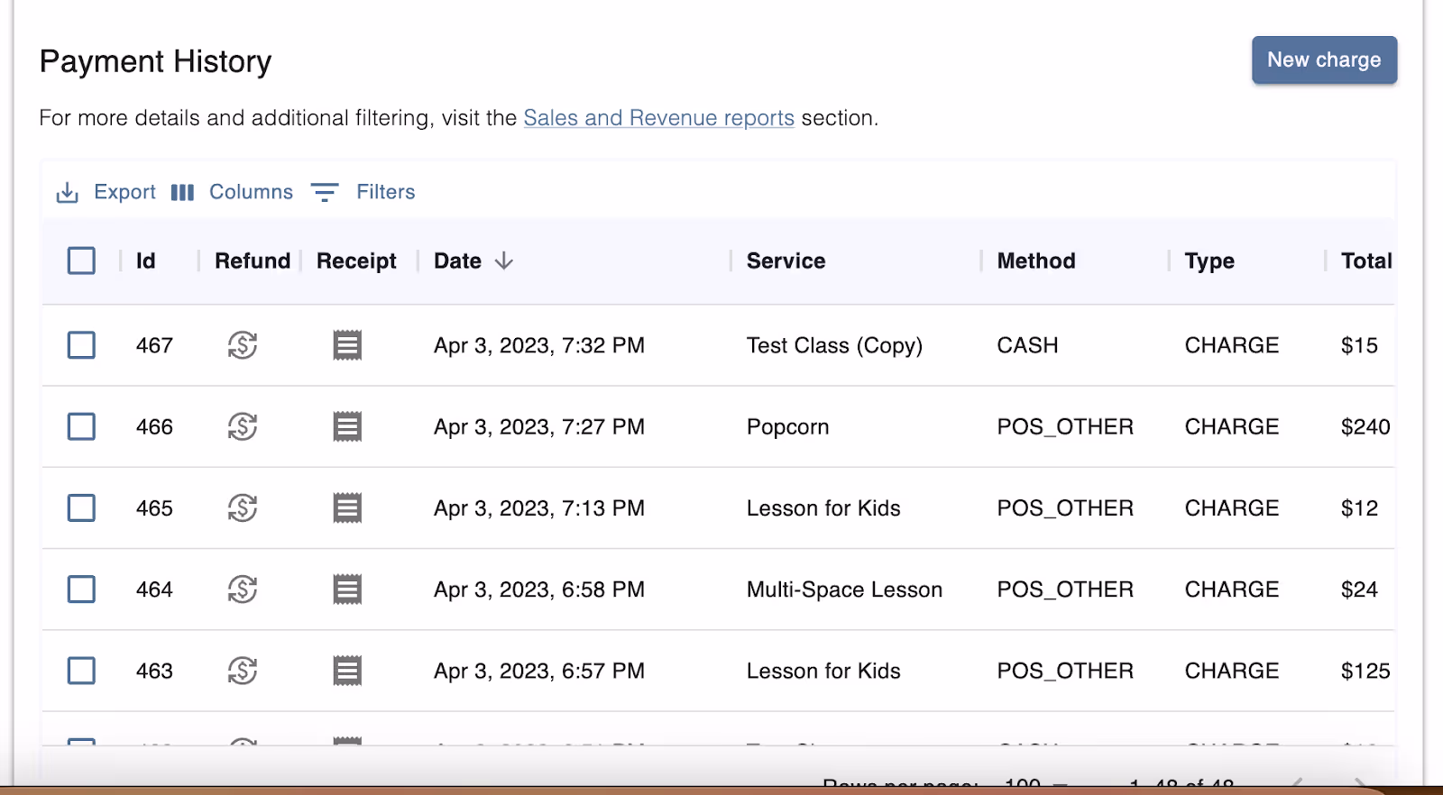 Payment History table with refund and receipt icons for each charge