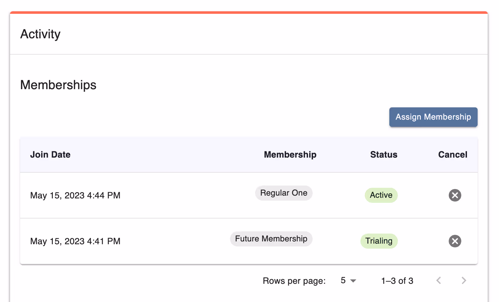 Customer Activity tab with the Assign Membership button and memberships table
