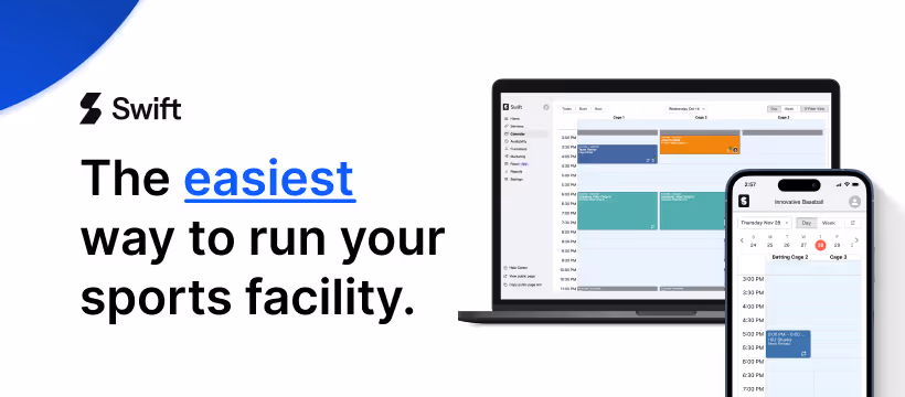 Swift banner: the easiest way to run your sports facility, shown on laptop and phone
